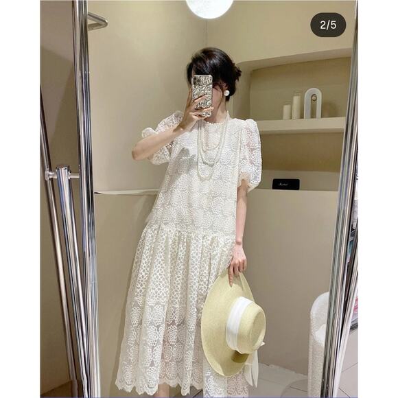 NWT STYLE Cottagecore Ivory Lace Embroidered Boho Mesh Puff Sleeve Midi Dress S - Picture 1 of 12